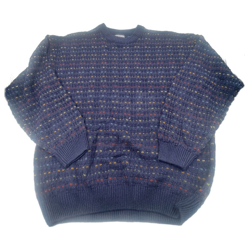 Vintage Jantzen Navy Blue Pullover Sweater Men XL Rainbow Colorful Dots 80s 90s